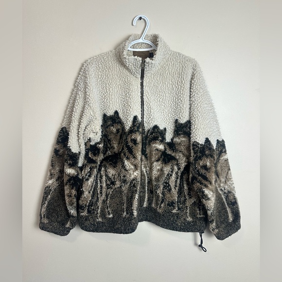 Vintage Wolf Graphic Fuzzy Sherpa Zip-Up Jacket Cream Brown Size M - Picture 2 of 5
